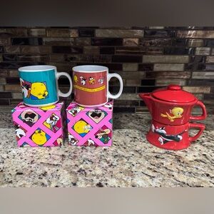 Looney tunes vintage rare tea for one stackable teapot & 2 ceramic mugs